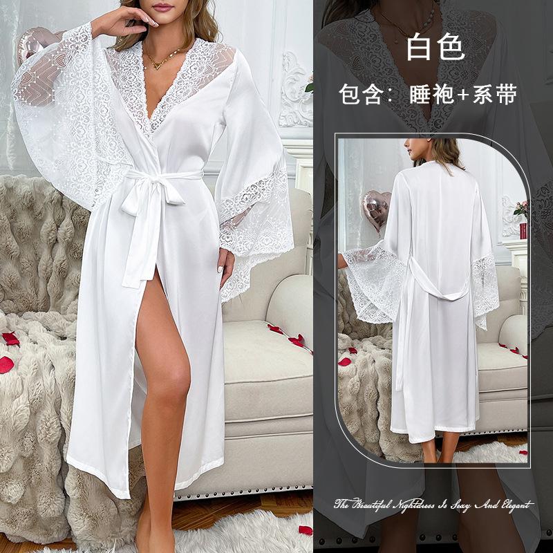 Satin morning gown pajamas women, lace light luxury long-sleeved cool nightgown bathrobe loungewear women S белый