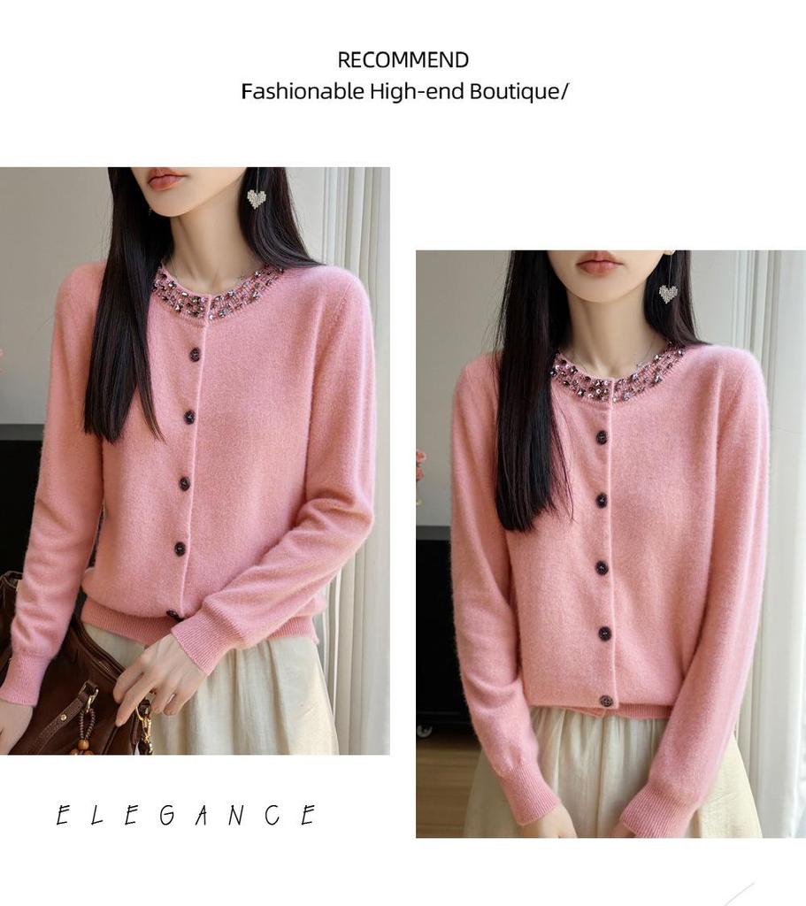 Autumn/Winter 2026 Women's Pure Wool Rhinestone Knit Cardigan - Round Neck, Long Sleeve, Solid Color