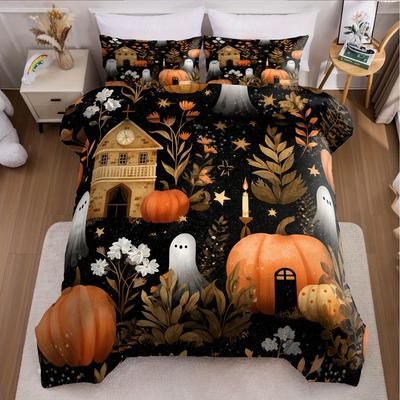 3pcs Halloween Pumpkin Monster Duvet Cover Set Without Core, Quilt Cover with 2 PillowcasesSoft and Machine Washable