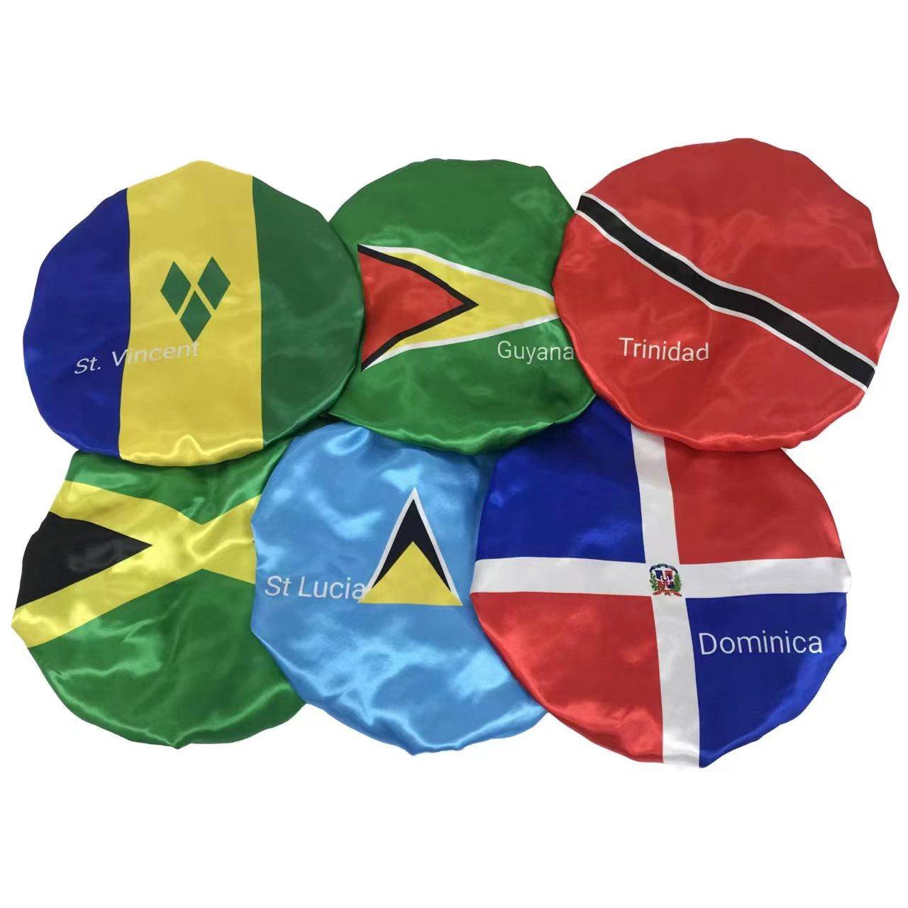 Flag Bonnets Vendors Customized Silk Satin Hair Bonnet Double Lined Satin Haitian Jamaica Flag Bonnets With Ties Adult size