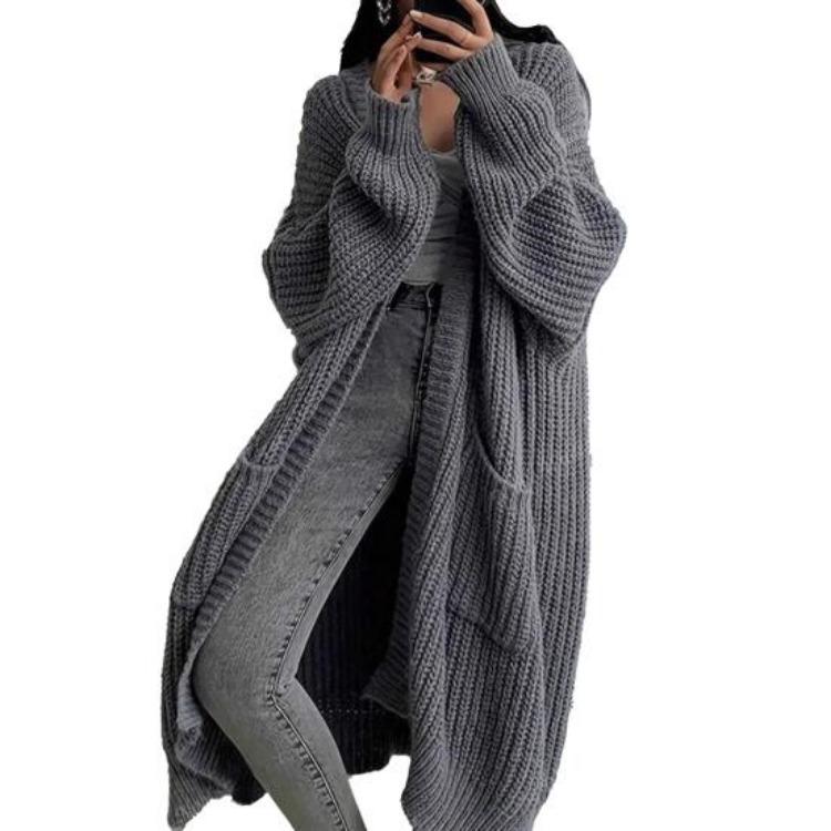 Fall Winter Outwear Women Long Cardigan Sweater Coat Open Front Mid Length Knitting Coat with Pockets