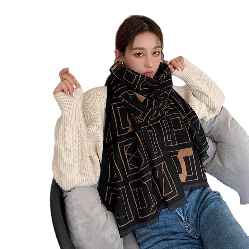 Korean Style Versatile Long Women's Air Conditioning Shawl Scarf Autumn and Winter Geometric Thickened Imitation Cashmere Scarf for Women