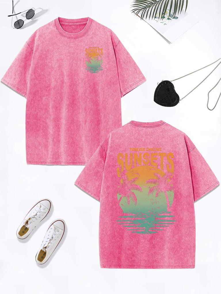 Forever Chasing Sunsets Coconut Tree Prints Washed TShirt Women Cotton Oversized Tops ONeck Distressed T Shirt Casual Clothes