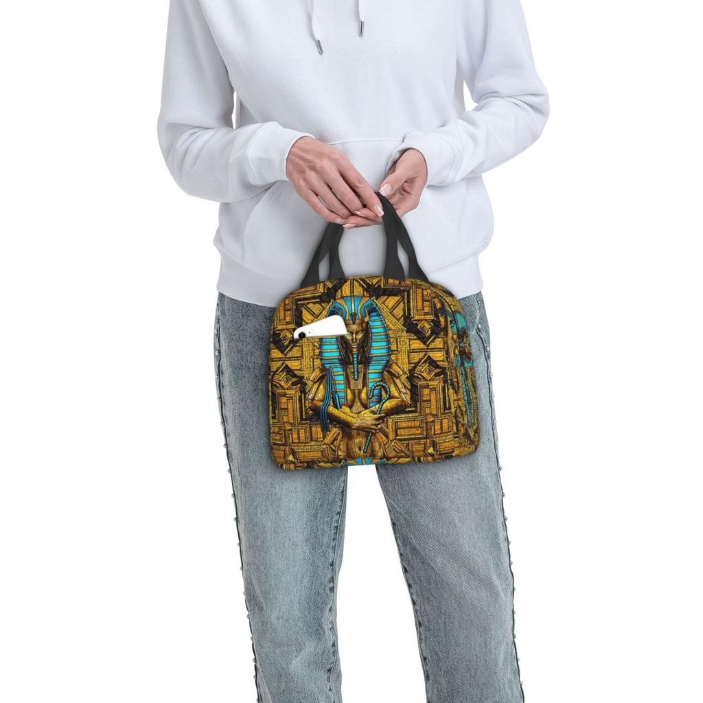 Egyptian Pharaoh With Golden Crown Illustration Insulated Lunch Bag for Women Kids Leakproof Food Boxes Thermal Lunch Box Tote