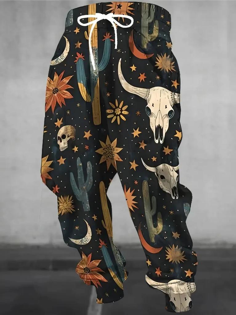 Autumn/Winter 3D Printed Colorful Alien Skull Graffiti Men's Fleece-Lined Thick Long Trousers - Warm Low Crotch Street Jogging Pants