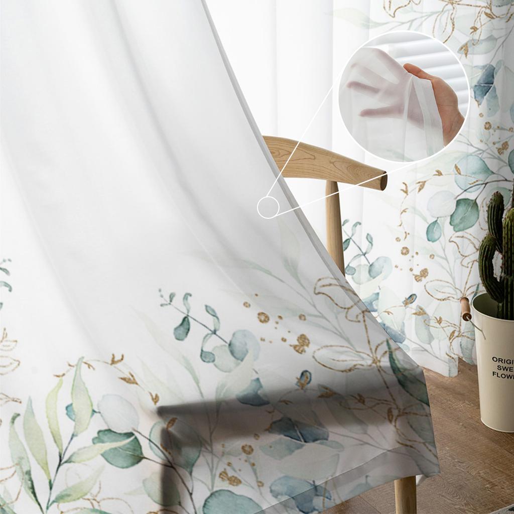 Watercolor Eucalyptus Leaves Sheer Curtains For Living Room Bedroom Home Decor Voile Drapes