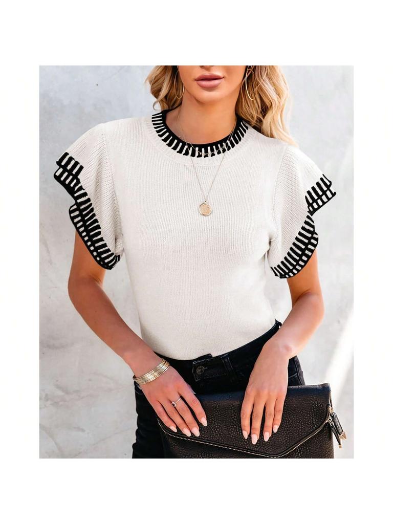 Women's Striped Ruffle Short Sleeve Knit Sweater Crew Neck Loose Summer Top