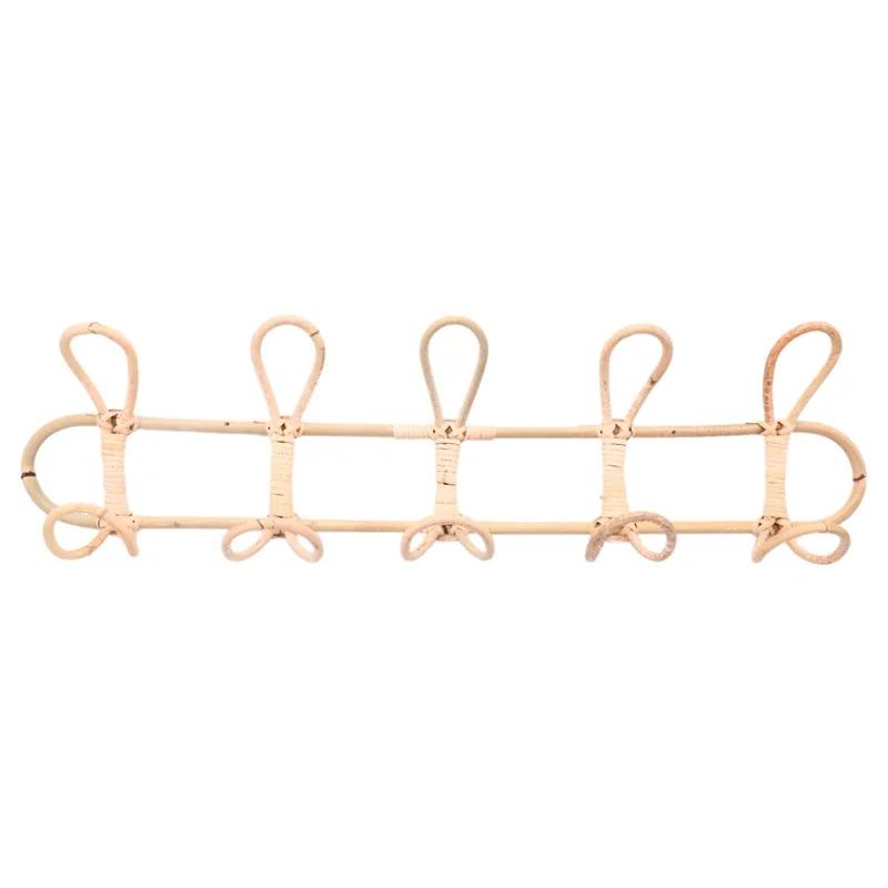 Clothes Hat Hanging Hooks 5-Hook Rattan Wall Hanger Garments Organizer Rack Wall Storage Decor Kids Room Wall Mounted Hanger