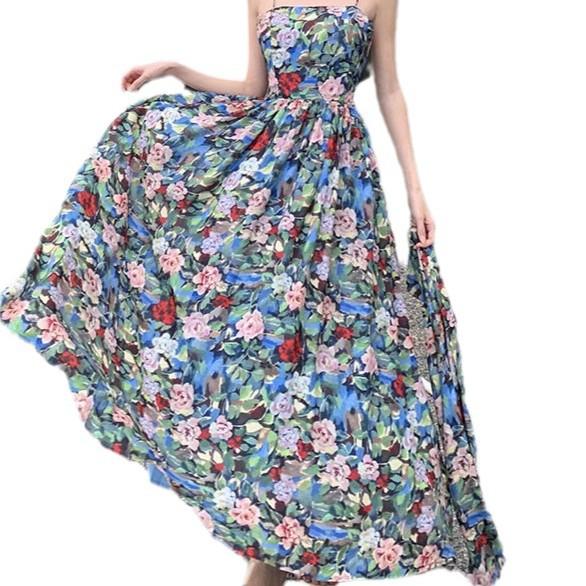 New Summer New Floral Pattern Suspender Dress Long Dress