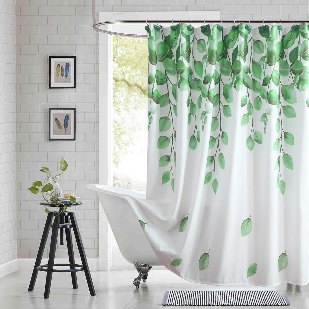 Floral Pattern Fabric Shower Curtain, Beige Gray Plant Bathroom Shower Curtain, Waterproof Bathroom Shower Curtain Curtain