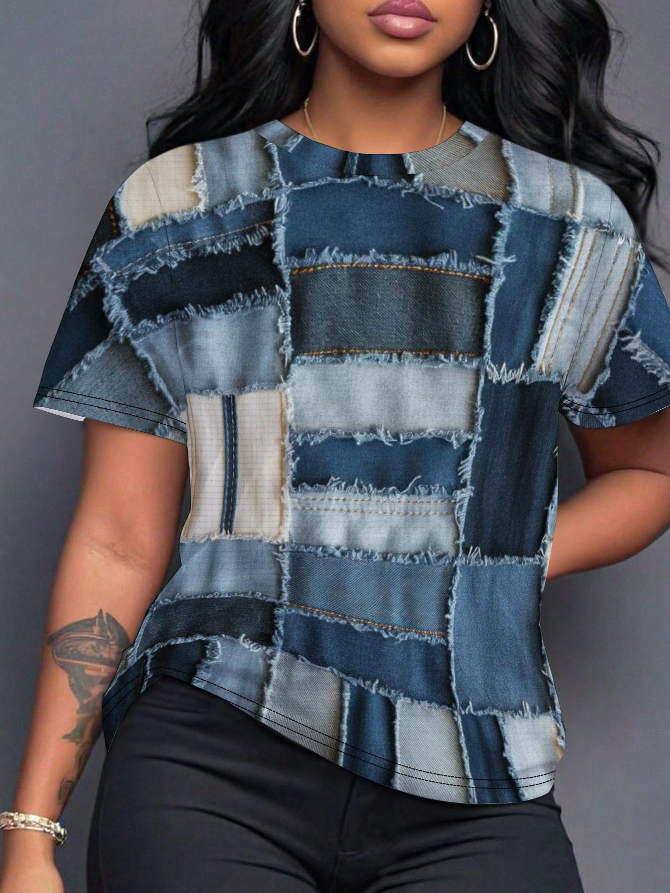 Colorblocked Denim Texture Women S T-Shirt with Digital Print Design. Comfortable Fit S дубильная кора