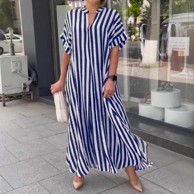Women Fashion Striped Large Size Maxi Long Dress V Neck Summer Short Sleeve Loose Fit Casual A-line Dress for Casual Simple Elegant Clothing