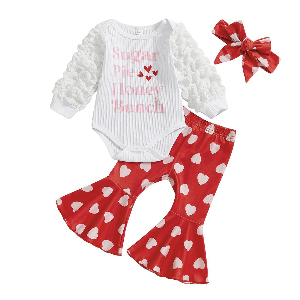 Baby Girls Valentine 's Day Outfits Puff Sleeve Letter Print Romper + Pants + Hat Set Infant Clothes