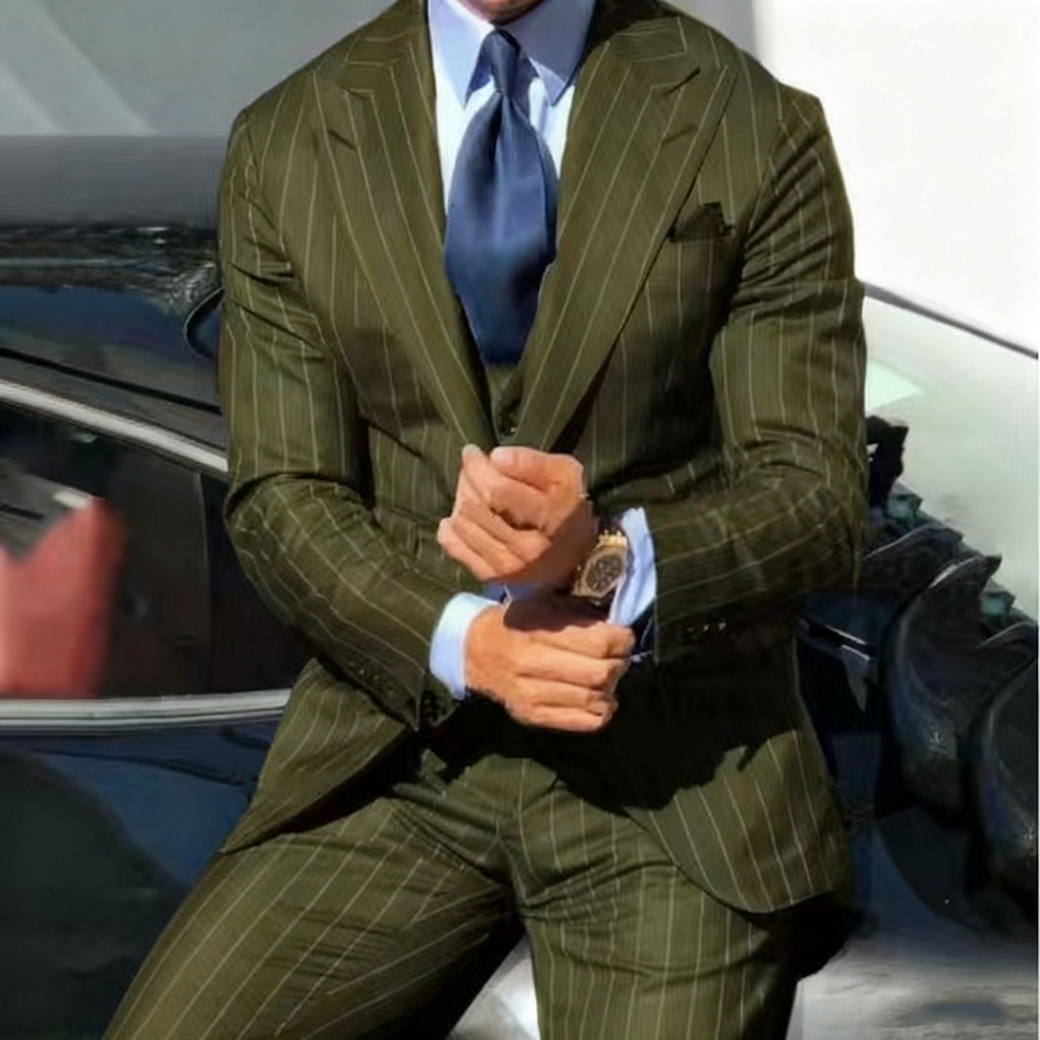 

Модні смугасті костюми з гострими лацканами для чоловіків, приталені, набір з трьох предметів (штани), для вечірки, випускного вечора, нареченого, весільний смокінг, homme pour mariage S армія зелений колір