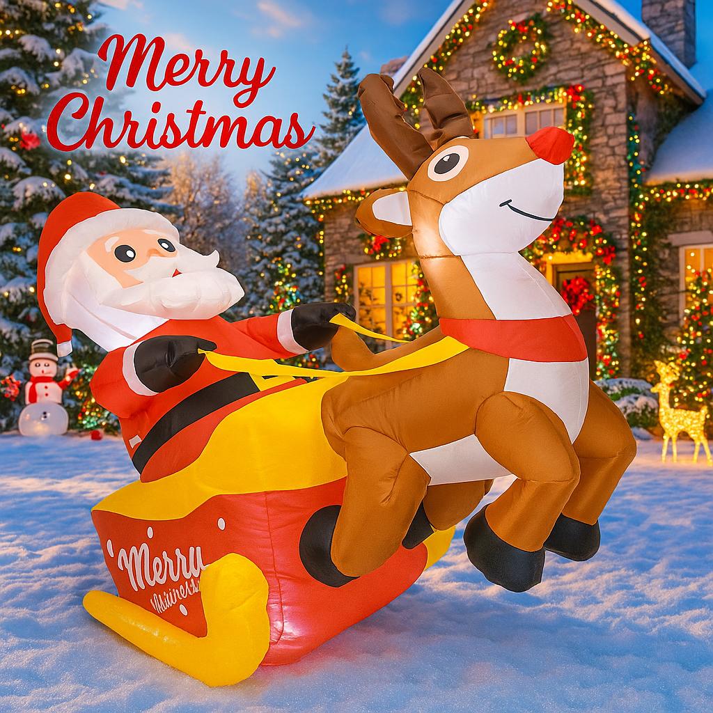 4.9FT Inflatable Santa Reindeer Sleigh Decor Festive Home Ornament LED Xmas Gifts Toy Christmas Decoration Xmas Yard Decoration