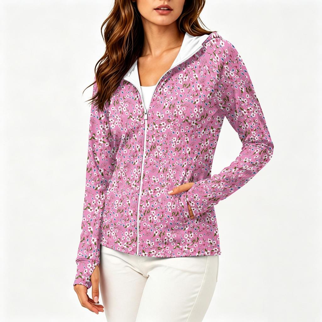 Women Lightweight Zip Up Hooded Jacket Long Sleeve with Pockets Printed Sun Protection Outerwear for Outdoor Activities