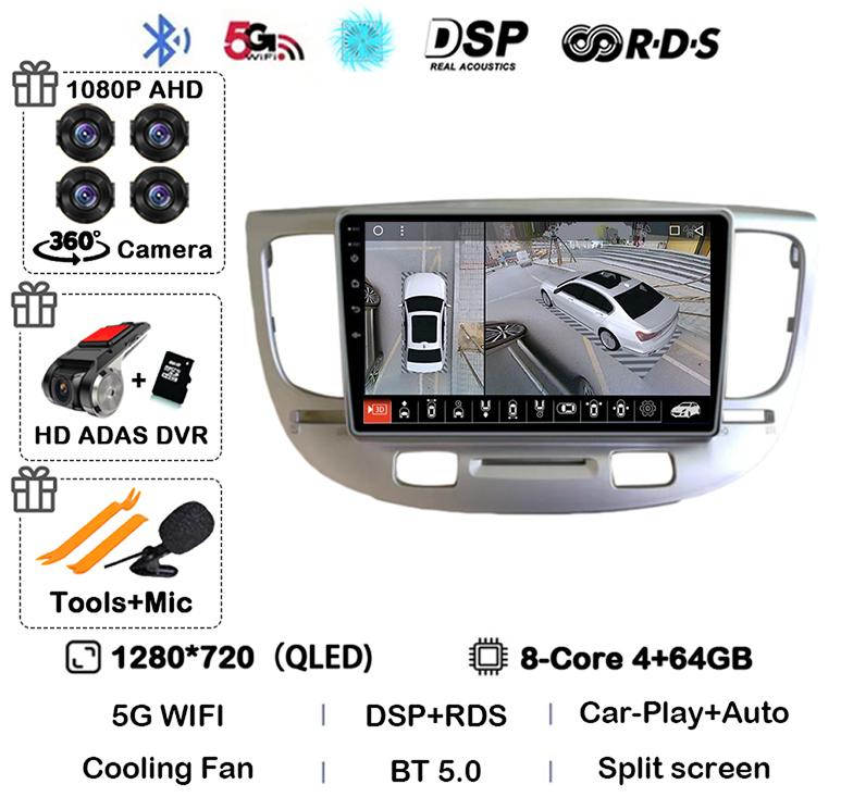 Android 14 Carplay Auto WIFI+4G For Kia RIO 2 RIO2 2005-2008 2009 2010 2011 Car Radio Multimedia Player GPS 360 Camera BT Stereo