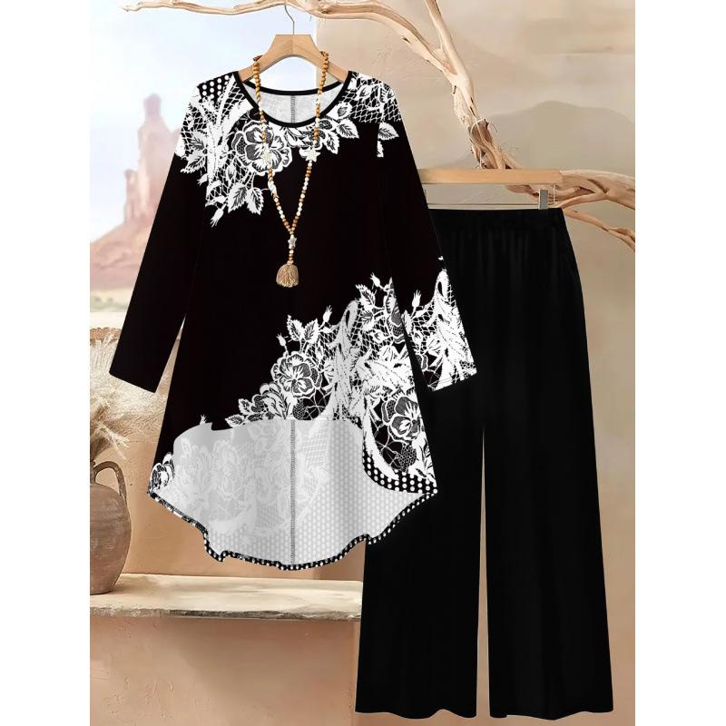 1116 Floral Print Suit Women's Long Sleeve Irregular Hoop Wide Leg Pants Casual Summer Large Size