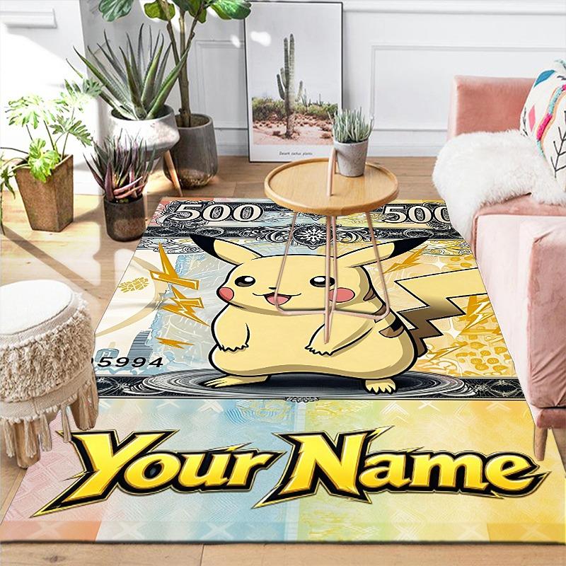 Custom 1Pc Custom Pikachu Card Template Flannel Personalized Rug Non Slip Floor Mat Soft Carpet for Living Bedroom Office Home Decor Gift