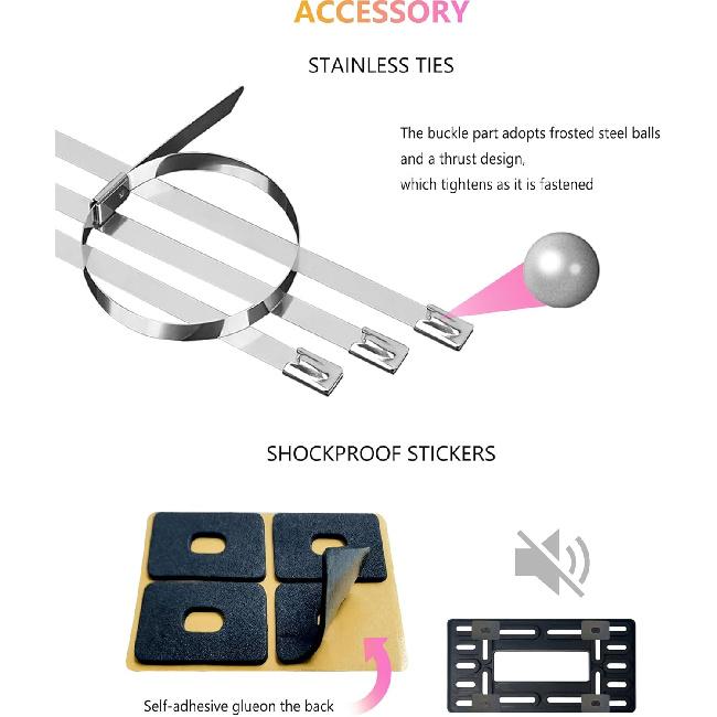 Front License Plate Holder Bracket - Black Universal ABS Mounting Kit Frame with Copper Thread, Screws & 4 Stainless Steel Ties for Front Bumper