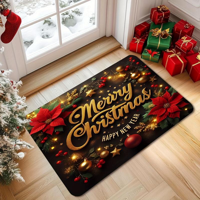VIKAMA Merry Christmas Doormat Golden Bell Red Bow Pine Branch Non Slip Floor Mat Front Porch Holiday Home Decor