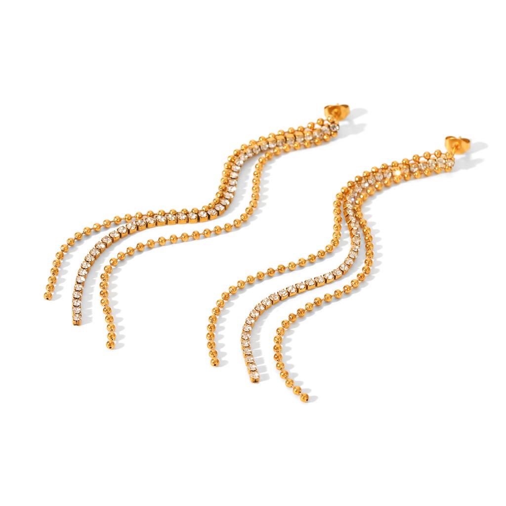 Round bead zircon chain tassel earrings, long style ear jewelry, light luxury high-end titanium steel accessories