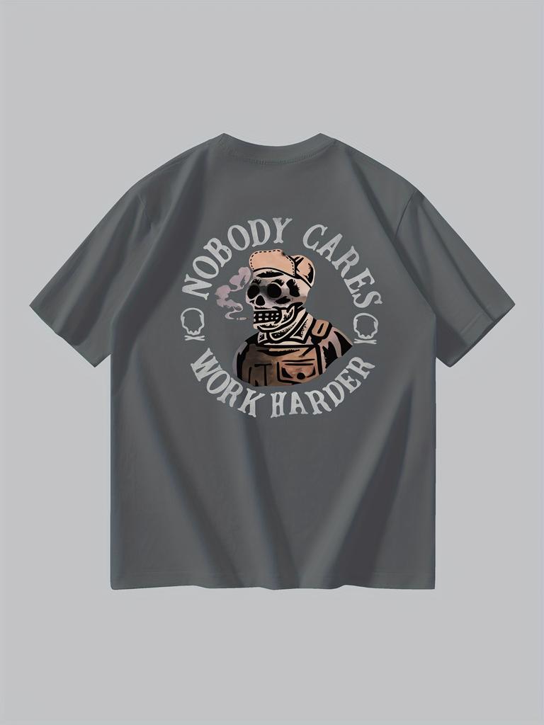 2025 New Men's NOBODY CARES WORK HARDER Skull Pattern T-shirts Summer Casual Comfortable Loose Fit Versatile Breathable Tops