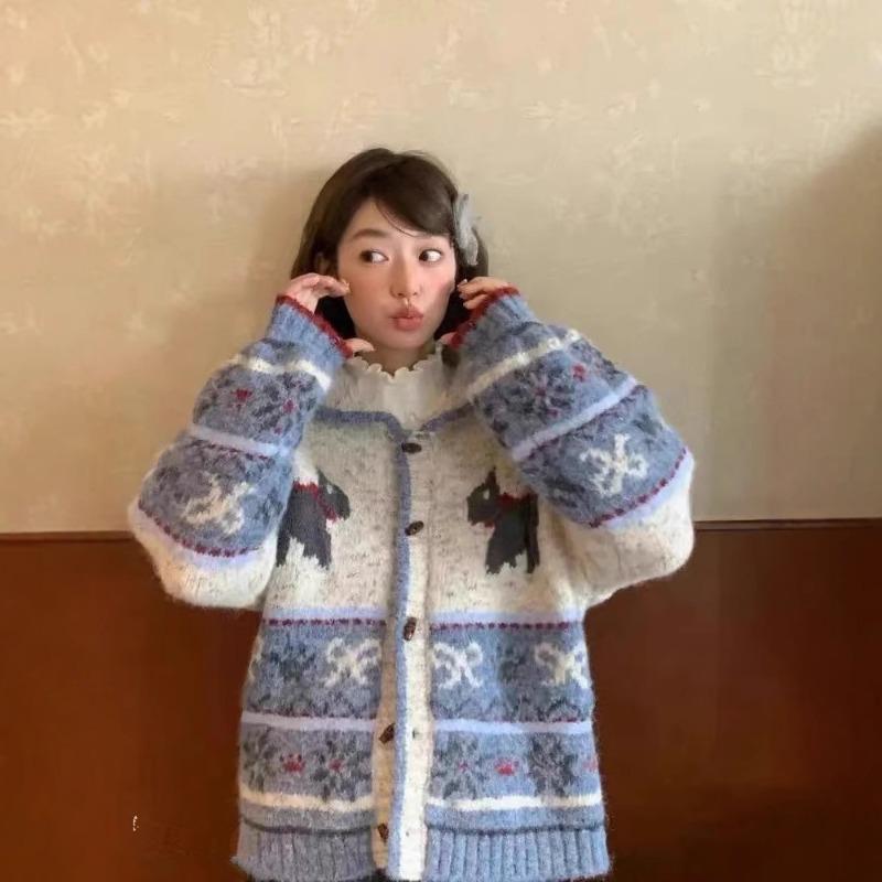 

Autumn and winter new women s top horn button knitted cardigan women s loose versatile clothes lazy sweater jacket one size fits all небесно-голубой