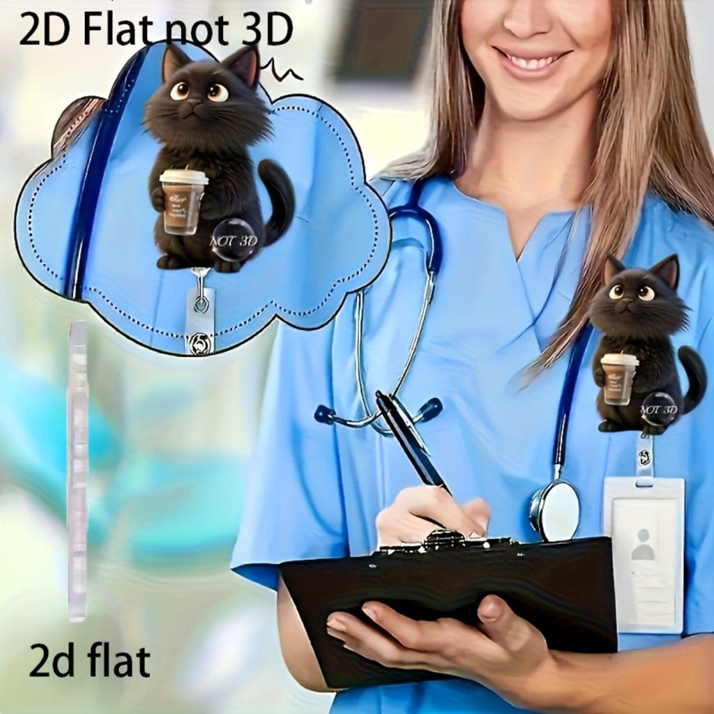 2D Flat Acrylic Black Cat Coffee Cup Retractable Badge Reel, Solid PMMA Clip On ID Holder For Nurse Doctor Medical Student And Office Workplace Staff