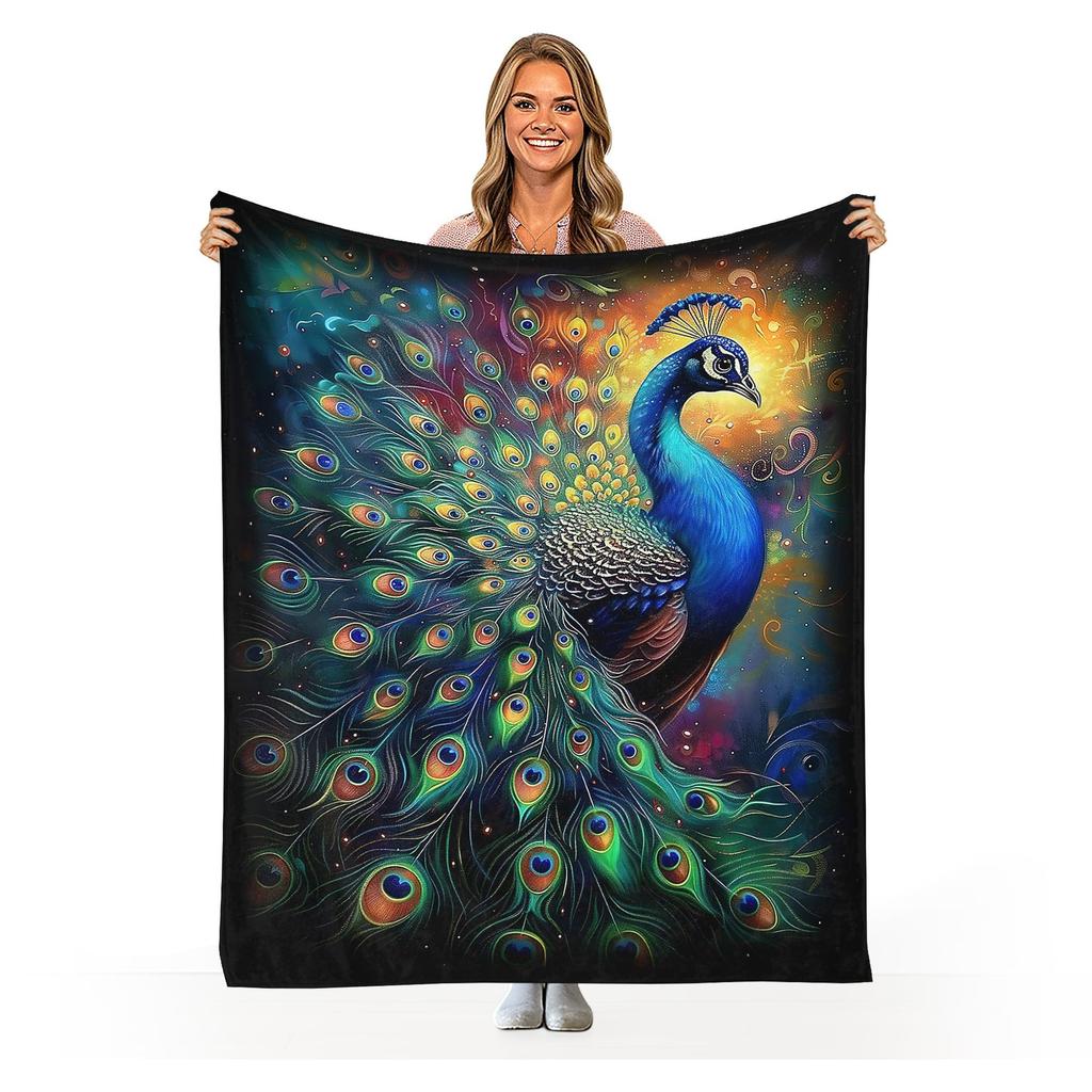 Peacock Pattern Collection Digital-printed Polyester Bedroom Velvet Flannel Cover Blanket Fleece Soft Cover Blankets for Beds