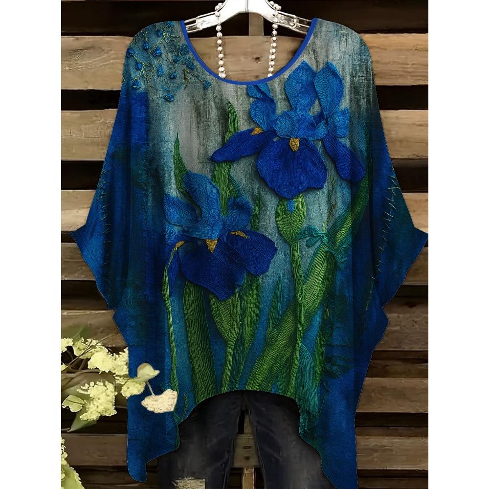 Blue iris women's large-size short-sleeved T-shirt, irregular hem design, casual and comfortable