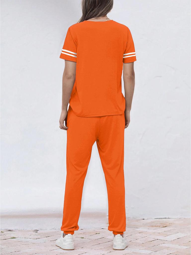 Round Neck Short Sleeve Loose Top & Lace-up Jogger Pants Women's Two-Piece Set