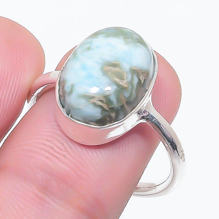 

Natural Larimar Gemstone Handmade 925 Sterling Silver Jewelry Ring Size 8 AR-16214