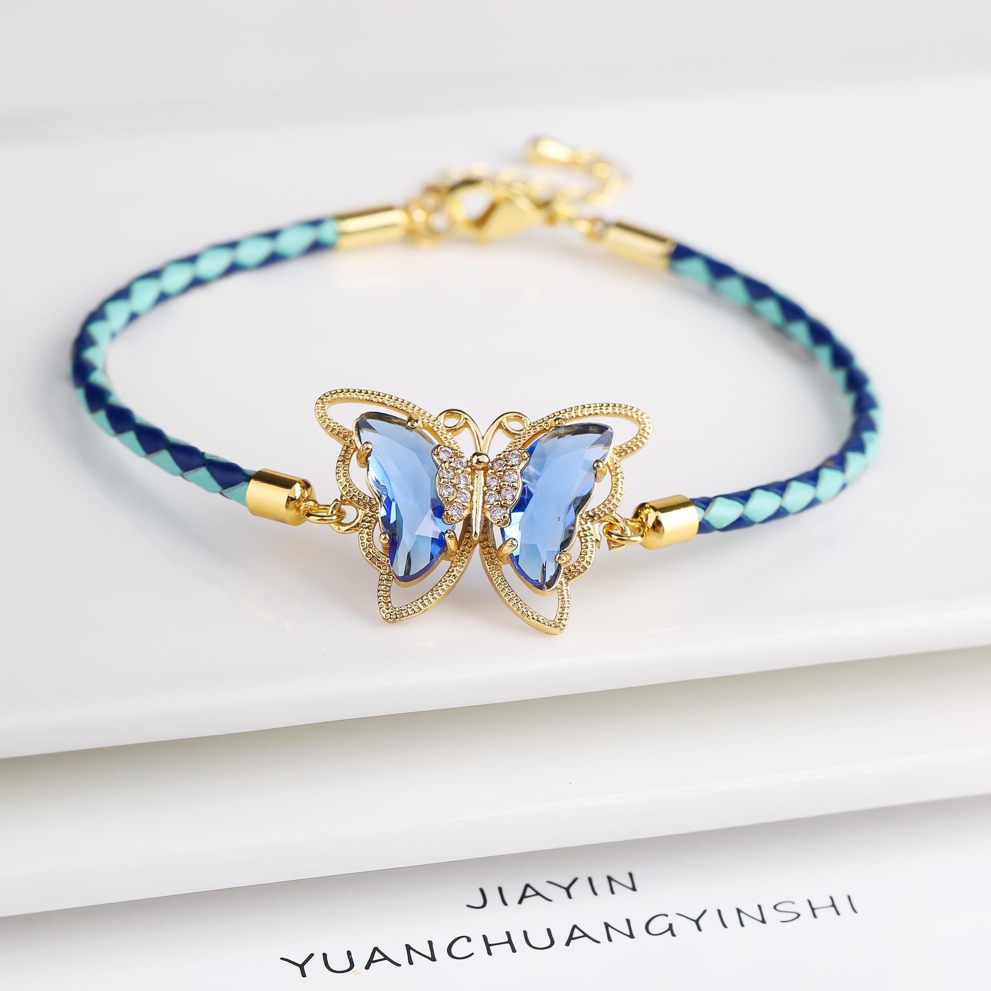 

12 Colors Luxury Crystal Zirconia Butterfly Ladies Charm Bracelet Fashion Leather Adjustable Bangle Hip Hop Insect Zircon Gift