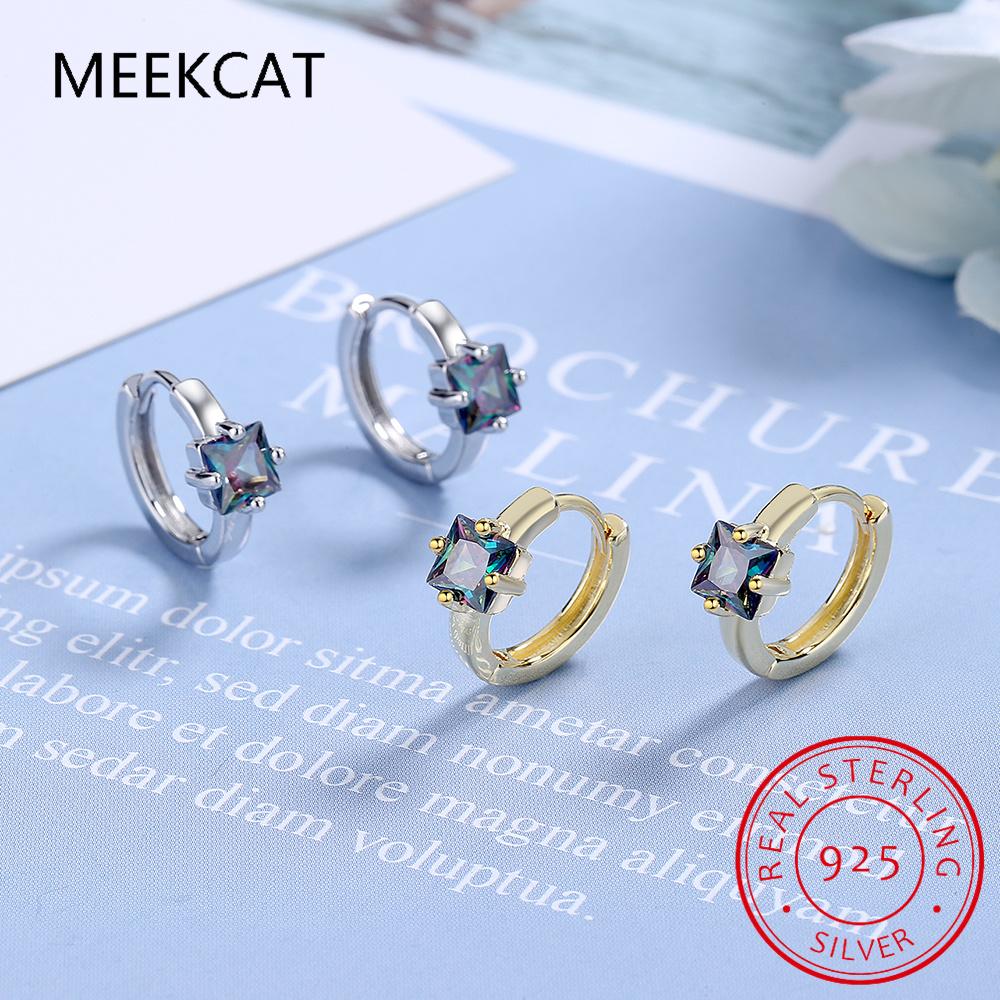 Princess Cut Square Natural Rainbow Mystic Quartz Solitaire 925 Sterling Silver Hoop Earring For Women Colorful Gemstone Jewelry