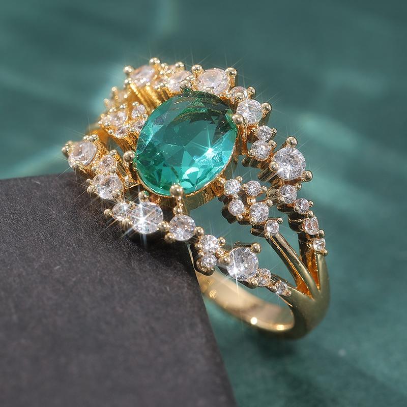 Gorgeous Sparkling 3layer Women Golden Plated Rings Olive Green Synthetic Zirconia Elegant Wedding Anniversary Jewelry Accessory