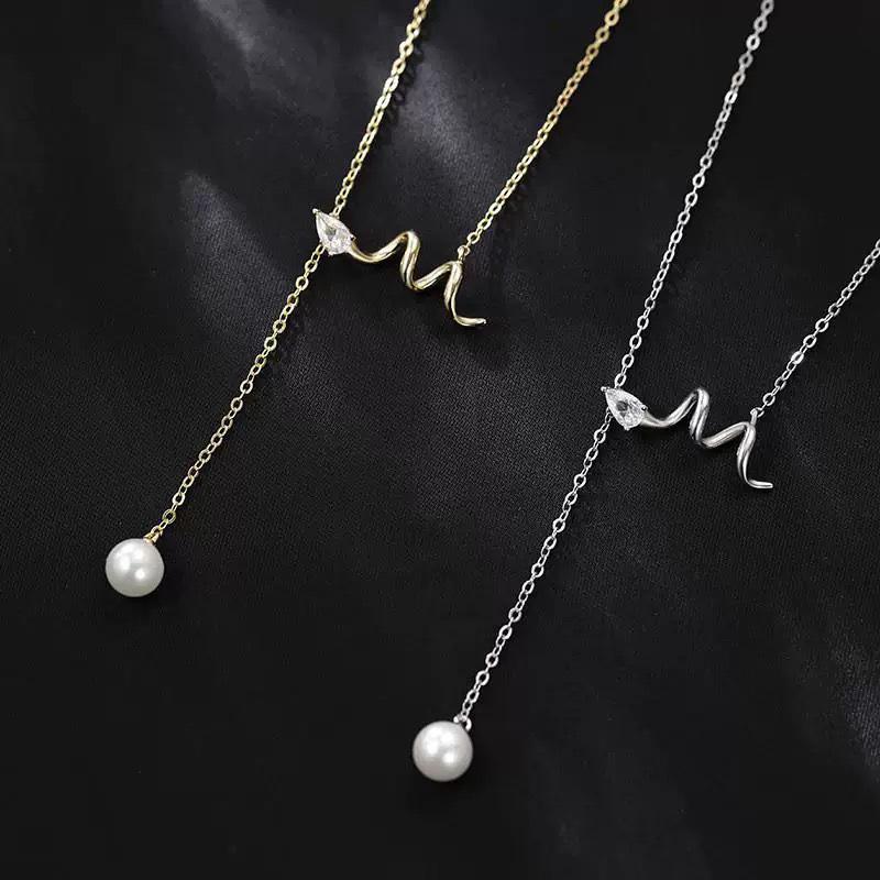 Beixi S925 Sterling Silver Pearl Snake Necklace for Women - High-End Tassel Clavicle Chain Platinum Color