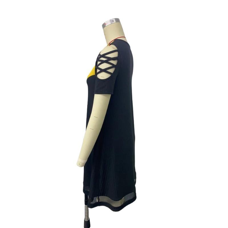 GMXIA Women's Spring, Summer and Autumn Temperament Colour Splicing Hollow Mesh Clashing Colour Splicing Dress Midi Dresses