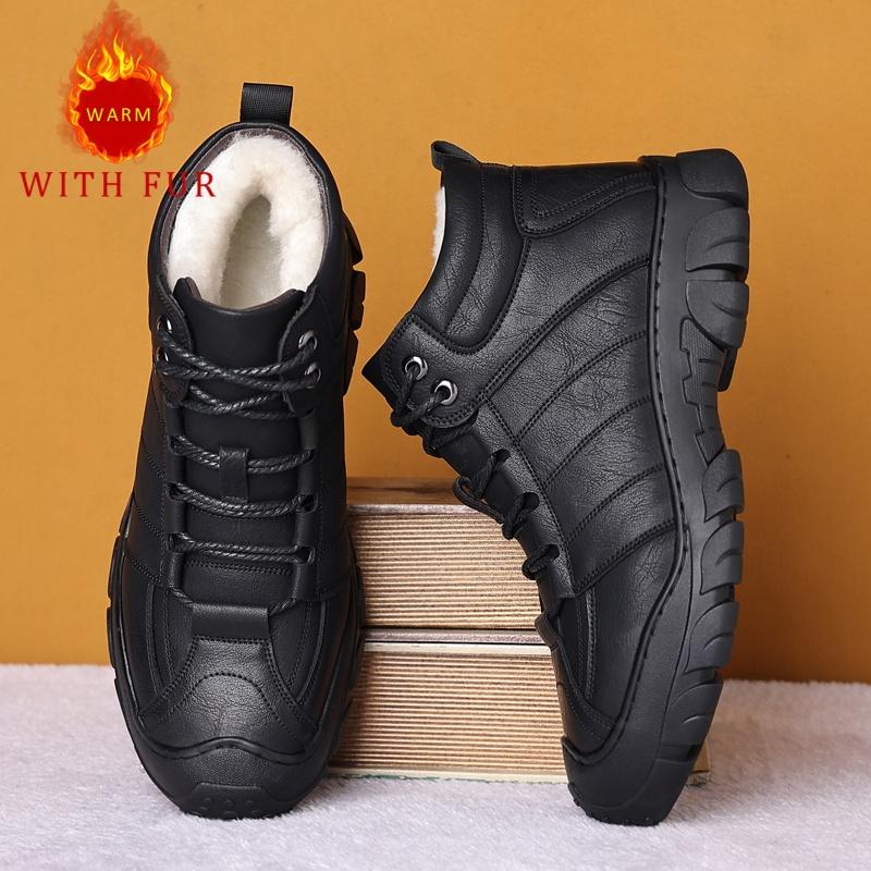 Fashion Men's Autumn and winter genuine leather boots Comfortable and warm style Daily business and office Outdoor quality Black shoes
