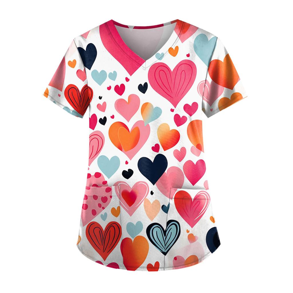 Plus Size Printed Scrub Working Uniform Tops For Women's V-Neck Print Short Sleeve Fun T-Shirts Workwear Tee With Pockets