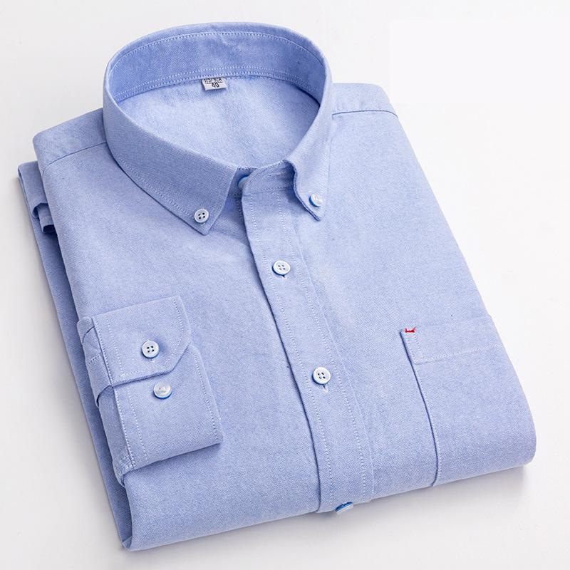 New Pure Cotton Business Men Oxford Shirt Long Sleeve Casual Plaid Striped with Chest Pocket Non-iron Autumn Spring