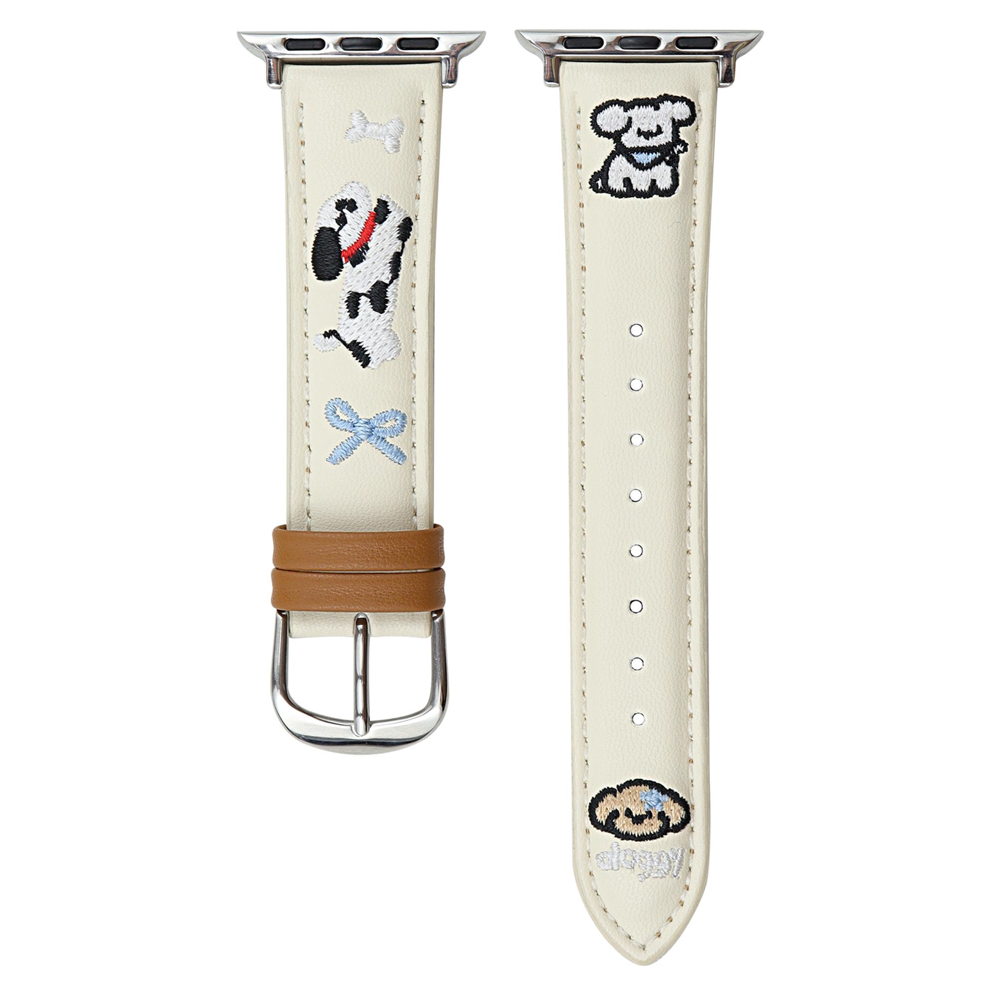 

Embroidered Puppy Leather Strap for Apple Watch Series 10 46mm/Ultra 2/Ultra 49mm/9 8 7 45mm/SE (2023) SE (2022) SE 6 5 4 44mm/3 2 1 42mm White
