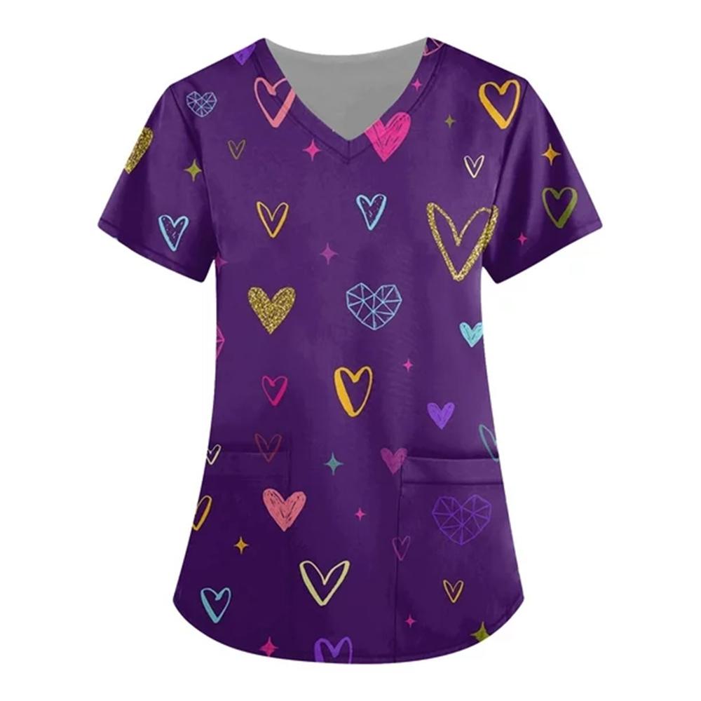 Uniforms Women Medical Elegant Heart Print Obstetrics Medico Top Fashion V-Neck Short Sleeve with Pocket Clinical Uniforms Woman