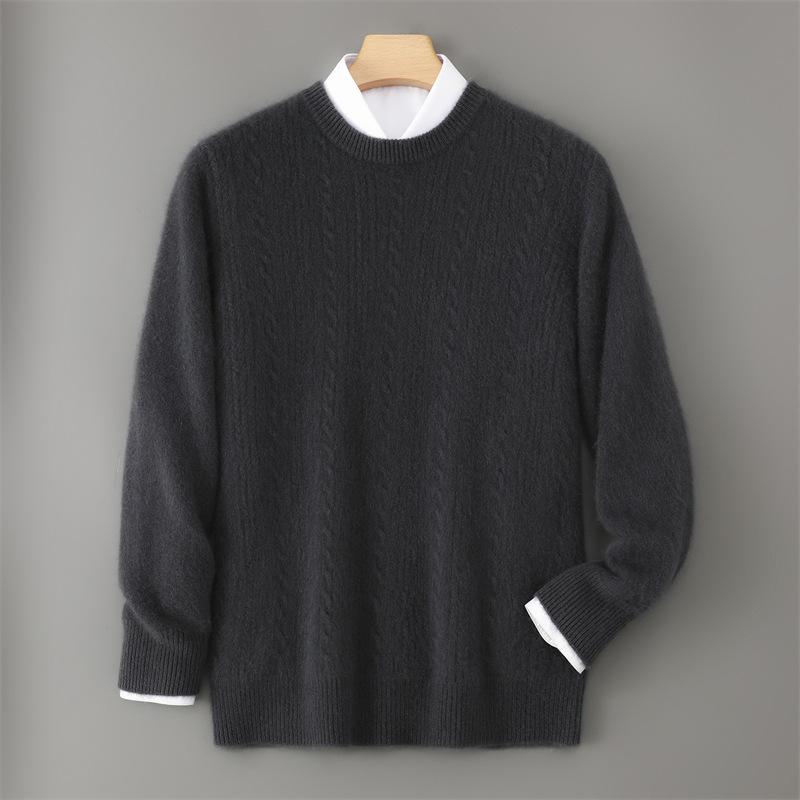 Men's 100% Wool Round Neck Sweater, Thickened Knit Pullover, Autumn/Winter Cashmere Base Layer Top