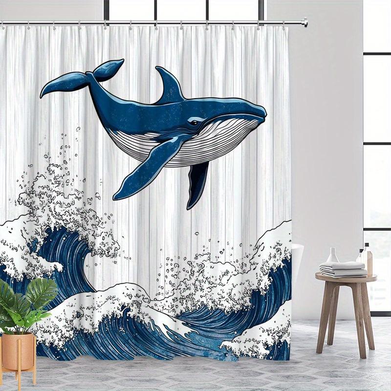 Blue Whale Ukiyo-e Shower Curtain – Majestic Whale Over Turbulent Waves, 70x70" Polyester with Hooks, Serene Nature Bath Decor