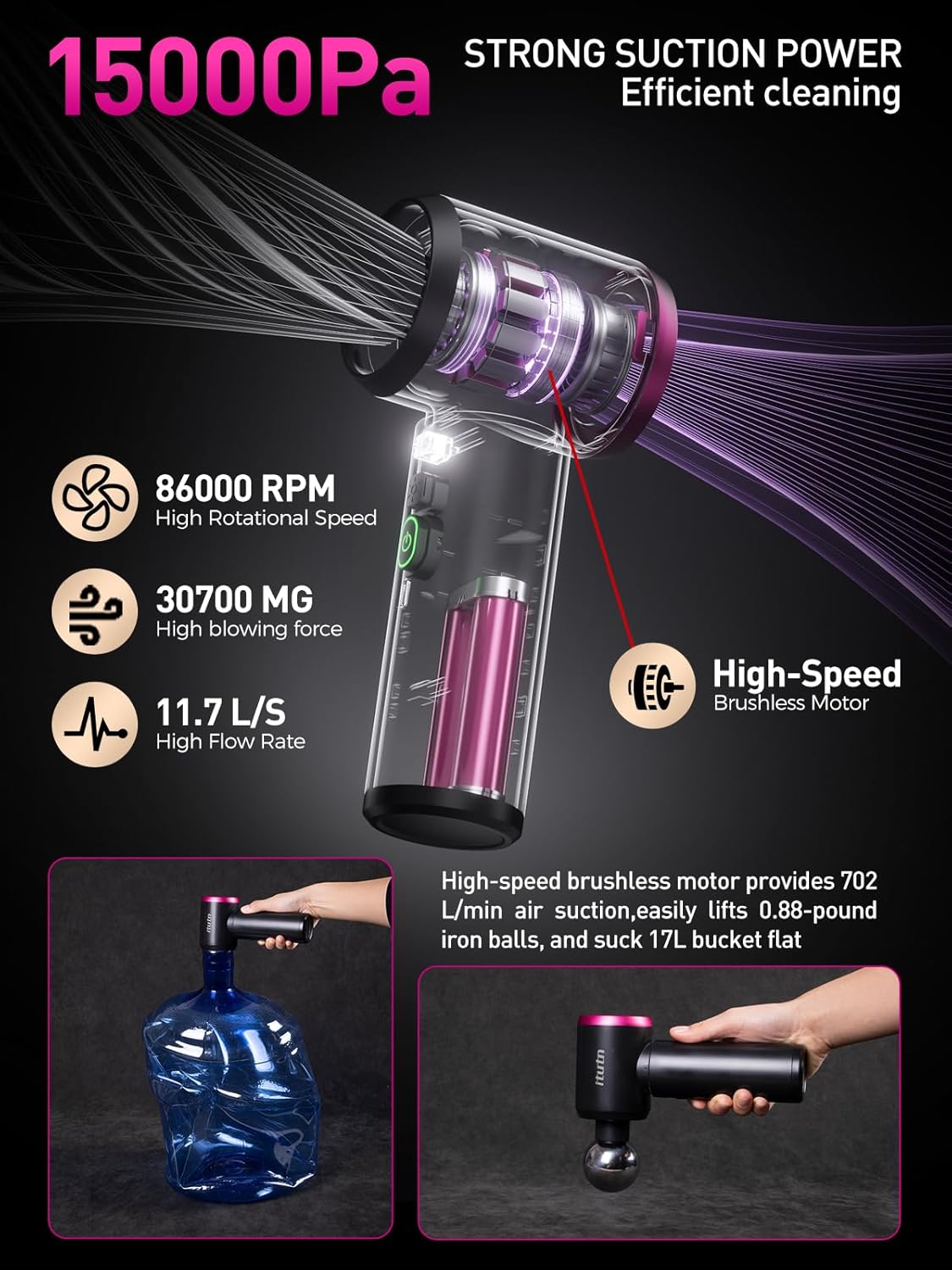 

Mini Car Vacuum Cordless 15000PA, LED Light, 80W, One-Click Empty, Dual HEPA Filter, Portable Cleaner for Car, Home, Desk United States