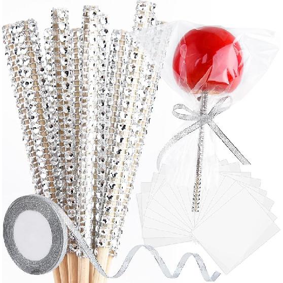 ASTARON 24 Pack Glitter Candy Apple Sticks and Bags, Toffee Apple Kit Including Caramel Apple Stick, Ribbon and Chocolate Apple Bags(Gold) серебряный