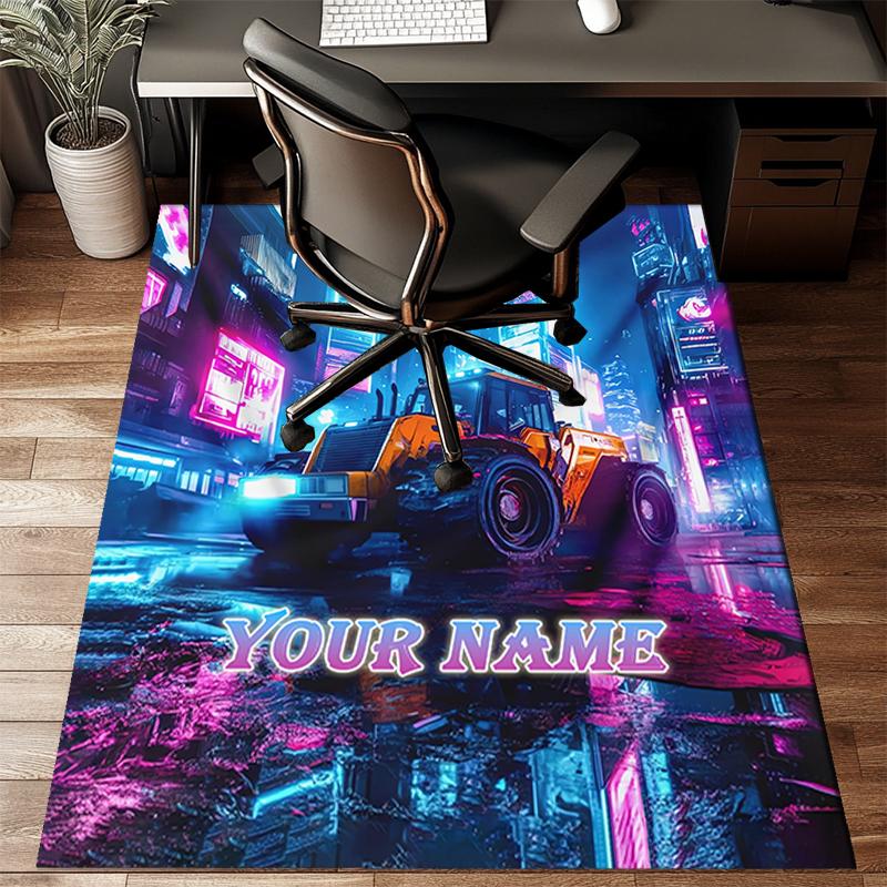 1PC Custom Name Cyberpunk Bulldozer Night Theme Floor Mat Ideal for Living Room, Game Rooms, Office, Bedroom Floor Mat Playful Design