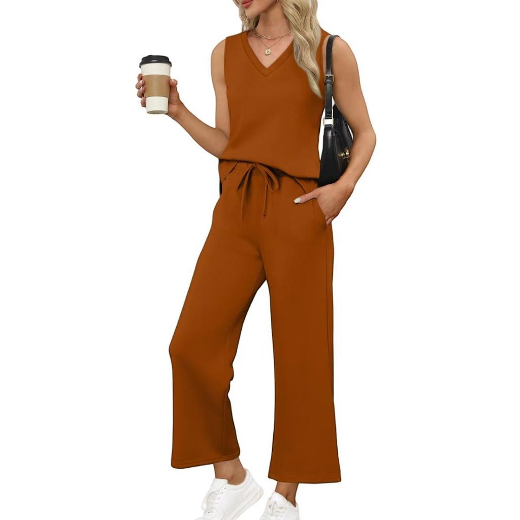 Women's Loose Fit Two Piece Outfit Sleeveless V Neck Tank Top Drawstring Waist Wide Leg Pants Tracksuit