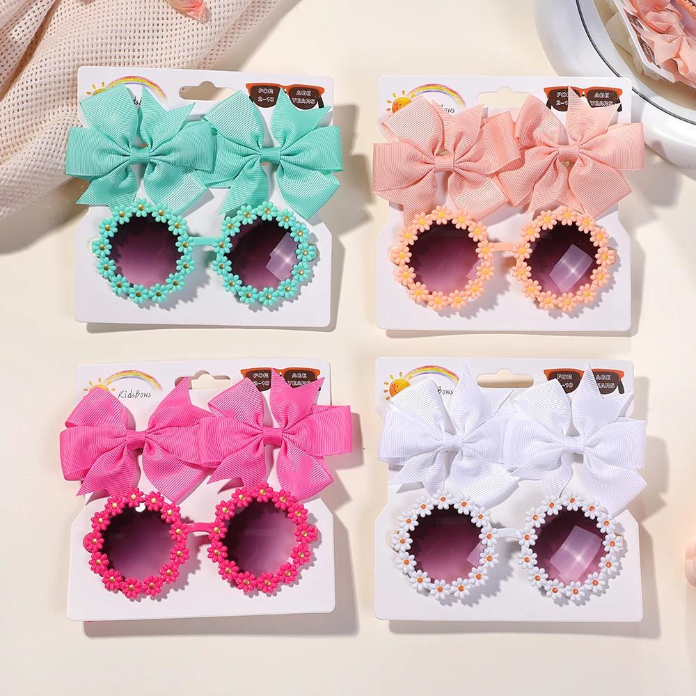 3Pcs/set Cute Girl Bow Hairclips Retro Flower Sunglasses for Kids Printing Handmade Hairgripes Kids Headwear Glasses Accessories